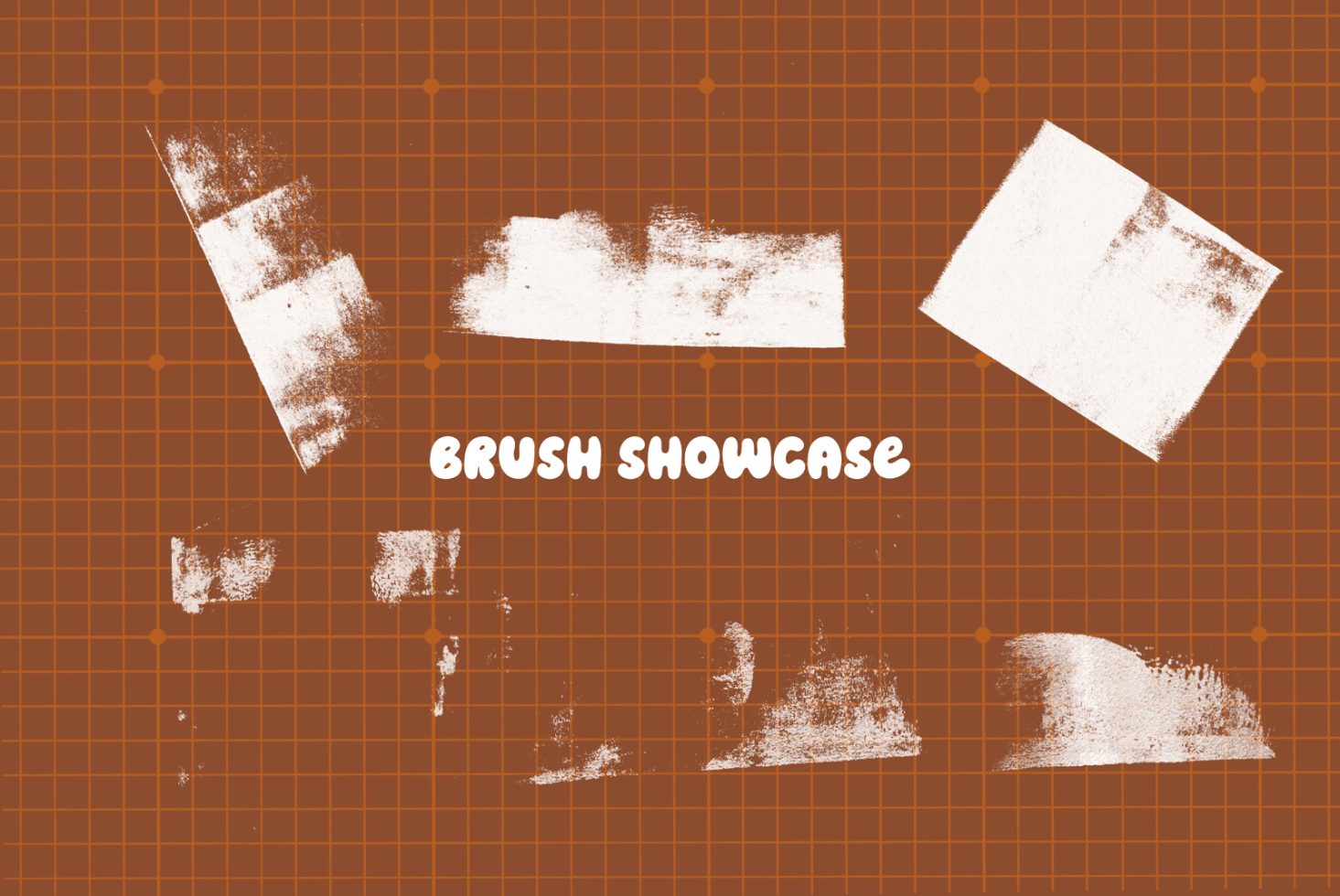 Dynamic brush stroke effects on a textured brown background for digital design assets, labeled "Brush Showcase" ideal for graphics category.